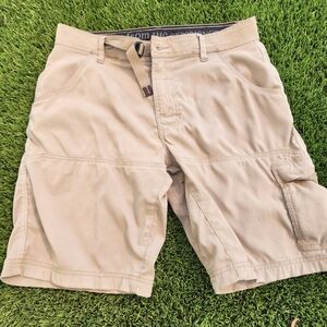 prAna Men's Tan Cargo Shorts Size 34 W 10L Pockets Outdoor Camping Hiking